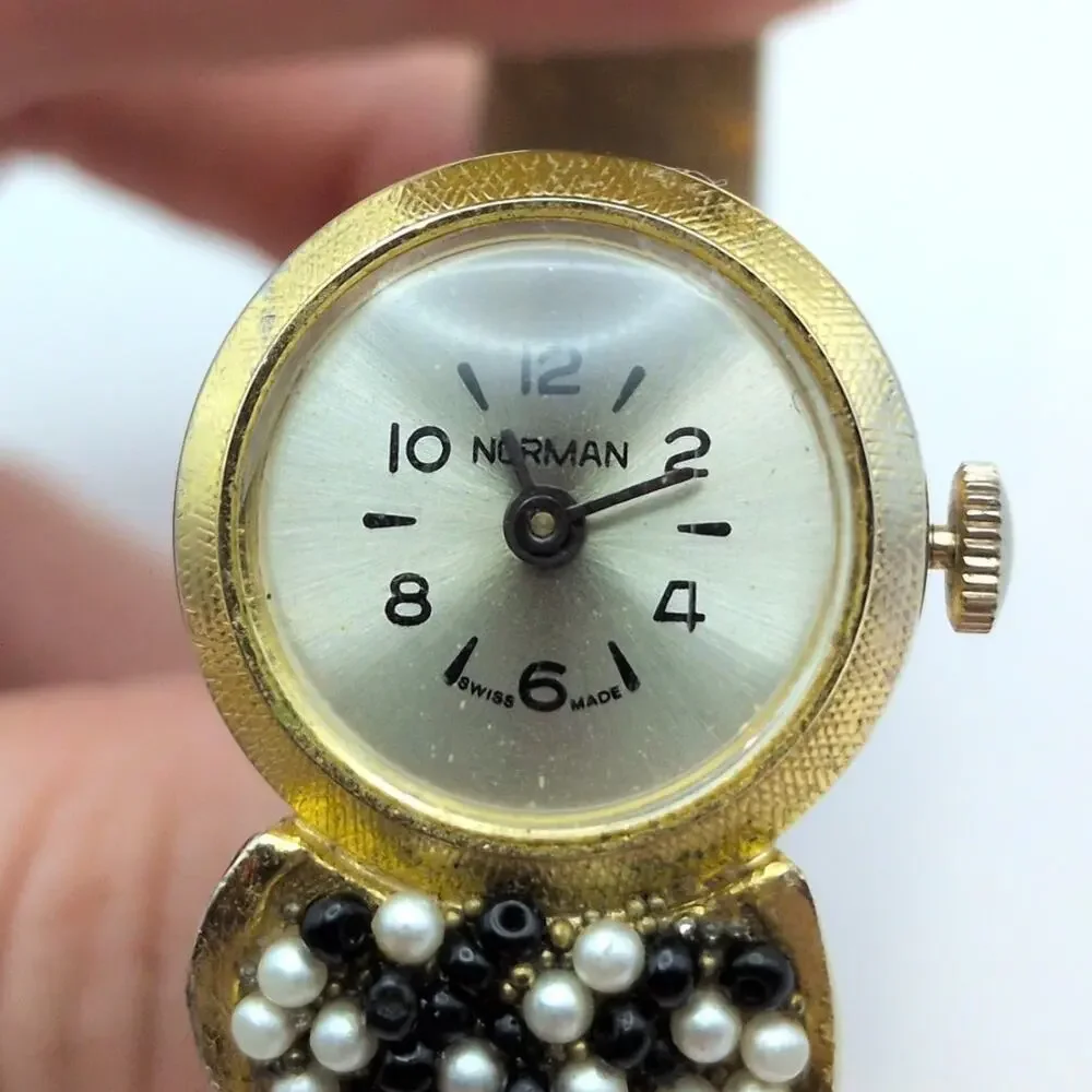 Vintage Norman Hidden Dial Beaded Clamper Bracelet Watch *As Is - Non Working
